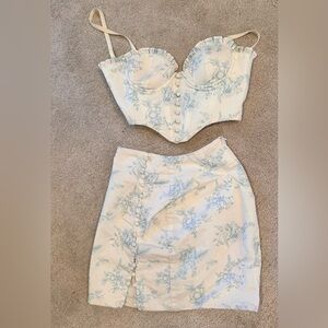Oh Polly Cream and Blue Floral Skirt Set